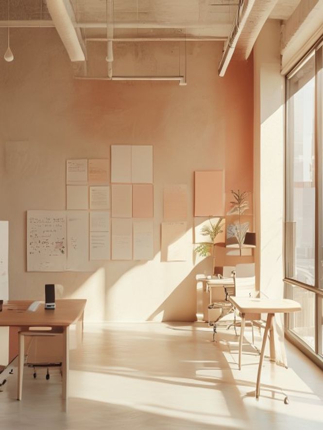 Licht kantoor met notitieblokken en inspiratiebord