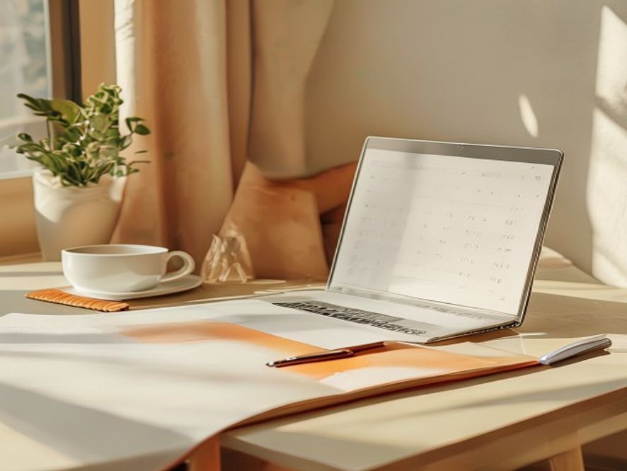 Laptop en notitieblok met dagplanner en thee